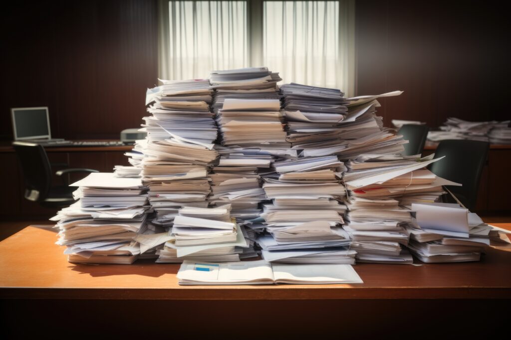 Piles of paperwork on an accountant's desk