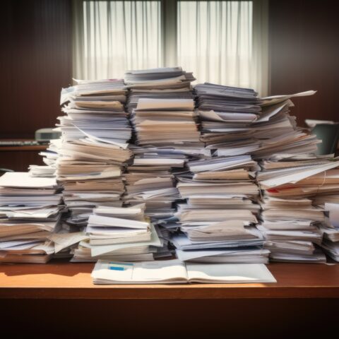 Piles of paperwork on an accountant's desk