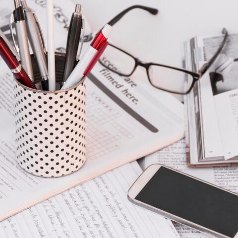 Organised office desk with document management tools