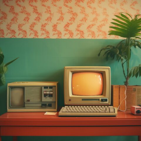 Illustration of a UK offices before computers with organised items